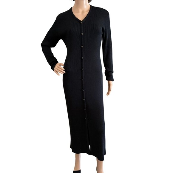 Vintage Carole Little Size PM Black Ribbed Sweater Dress Wool Blend - Picture 1 of 12